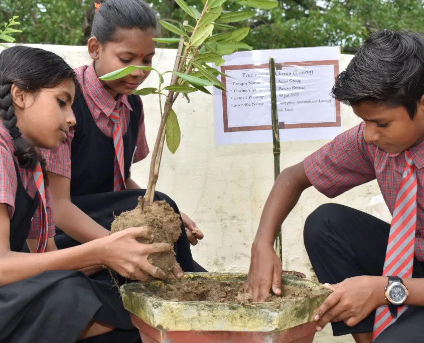 Kinder pflanzen Bäume in der Schule, um die Umwelt zu schützen